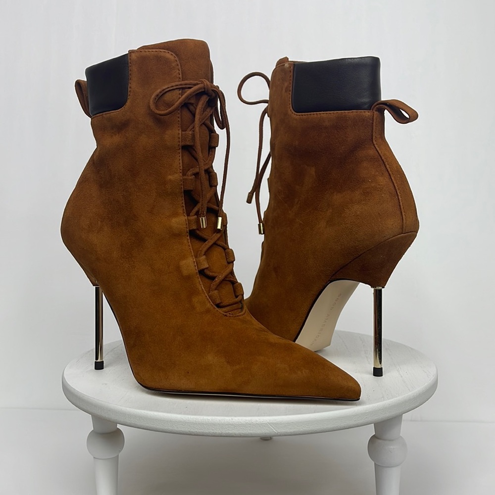NIB Good American Tobacco Suede Pointed Toe Scandal Bootie Size 6.5
